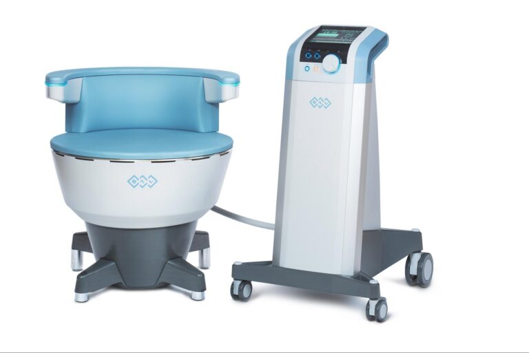 The full BTL Emsella pelvic floor therapy system, including the blue treatment chair and the rolling control console.