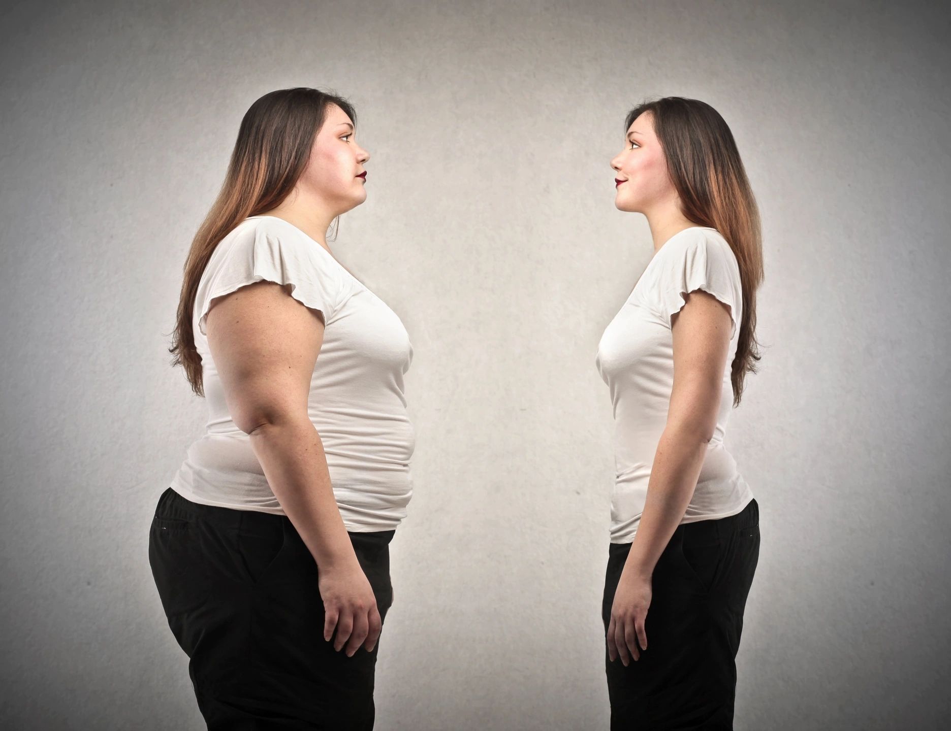 Side-by-side profile comparison of a woman showing a dramatic body transformation and successful weight loss.