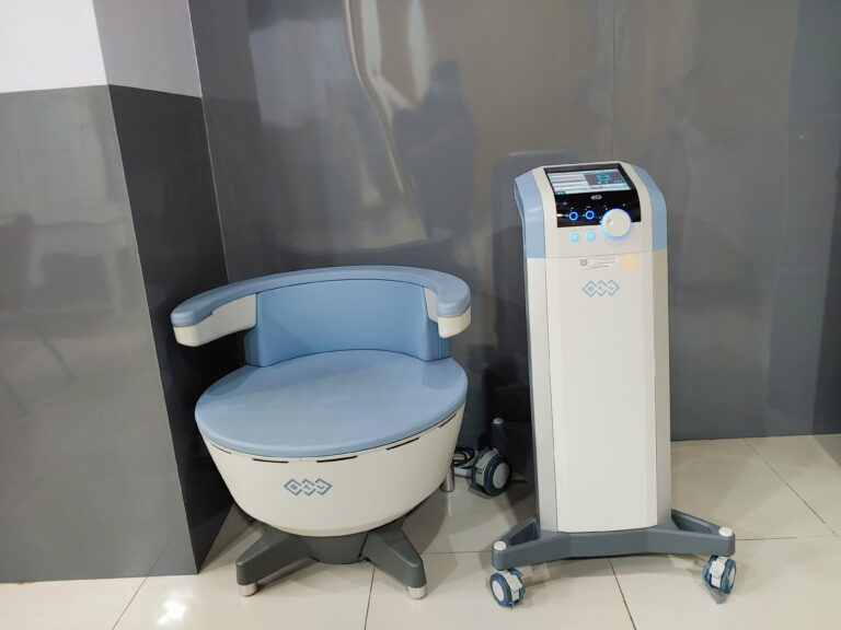 A BTL Emsella chair medical device used to treat pelvic floor weakness and urinary incontinence.